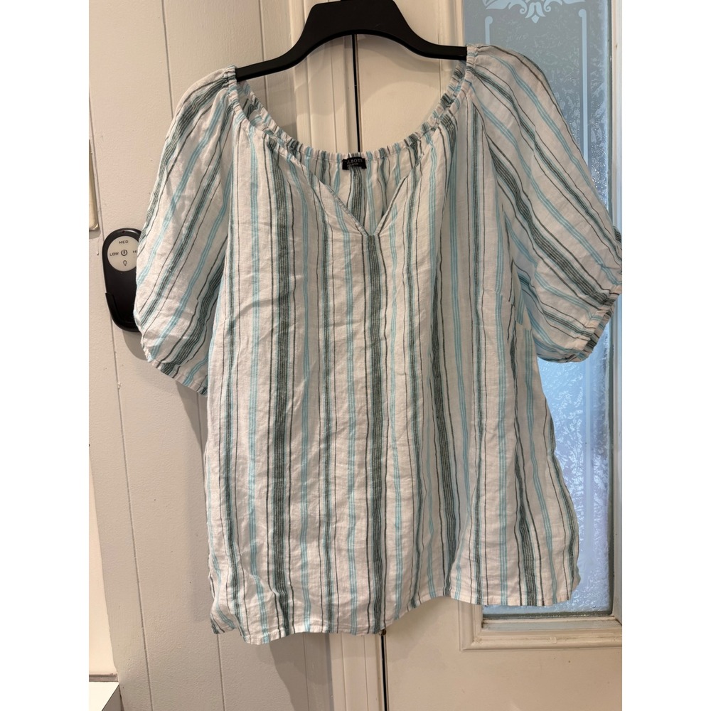 Talbots‎ Plus Petite Blue Striped 100% Linen Puff Sleeve Blouse Top Size XP